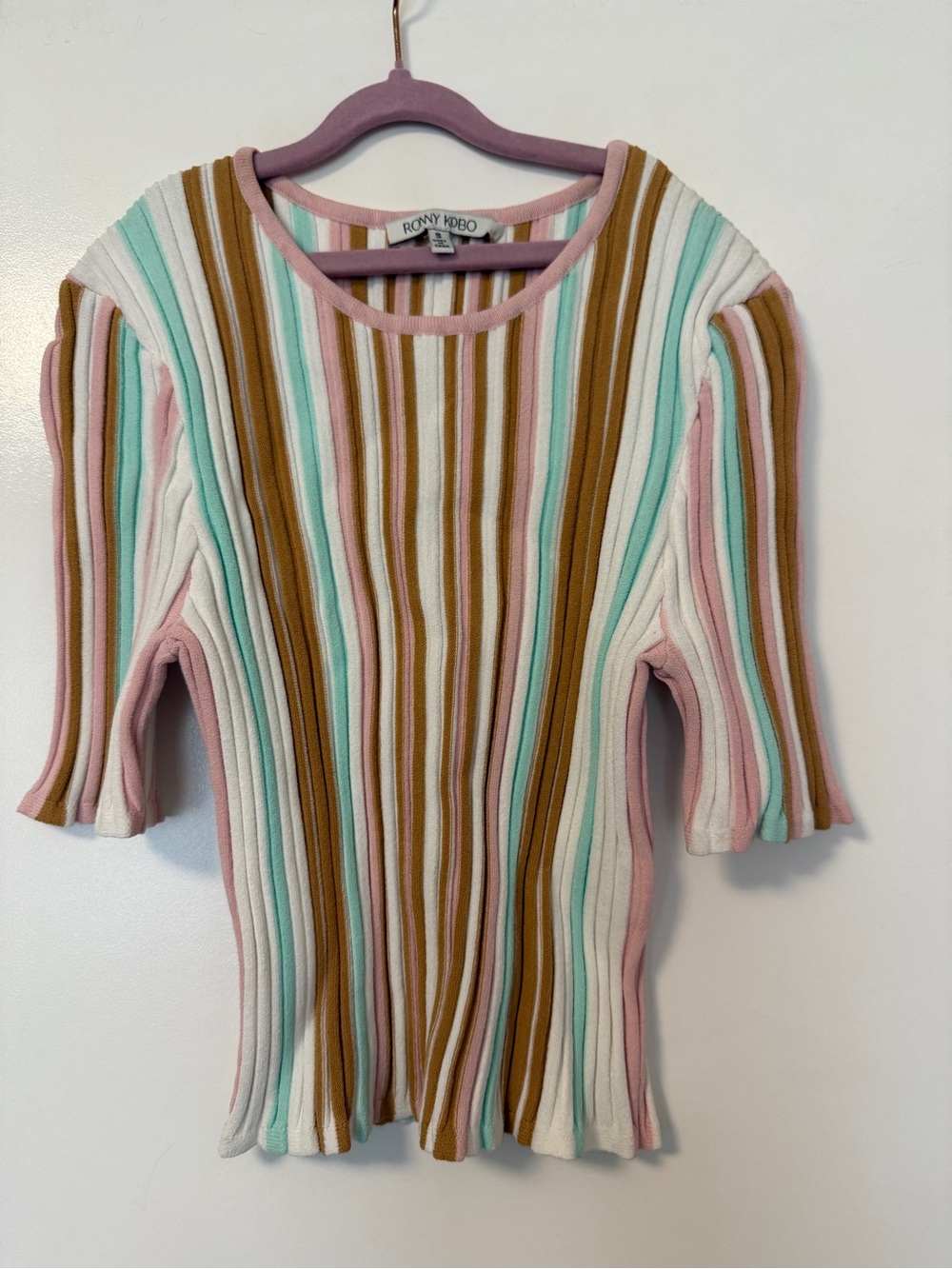 Ronny Kobo S Striped Ribbed Knit Short Sleeve Top Size Small Pastel Multi